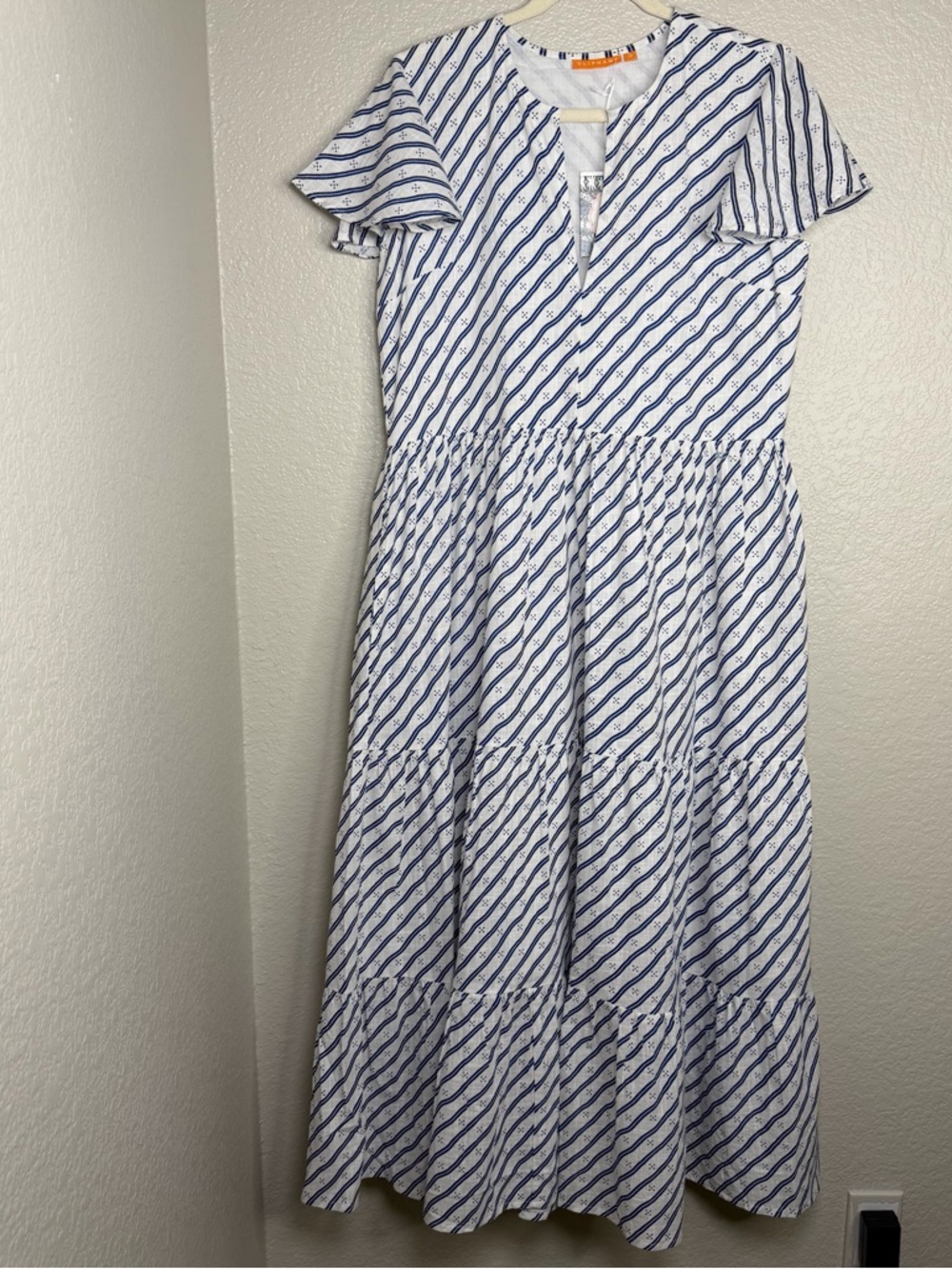 Oliphant Women’s V-Neck Dipsy Navy Long Tiered Maxi Summer Dress Size Small - Picture 2 of 11